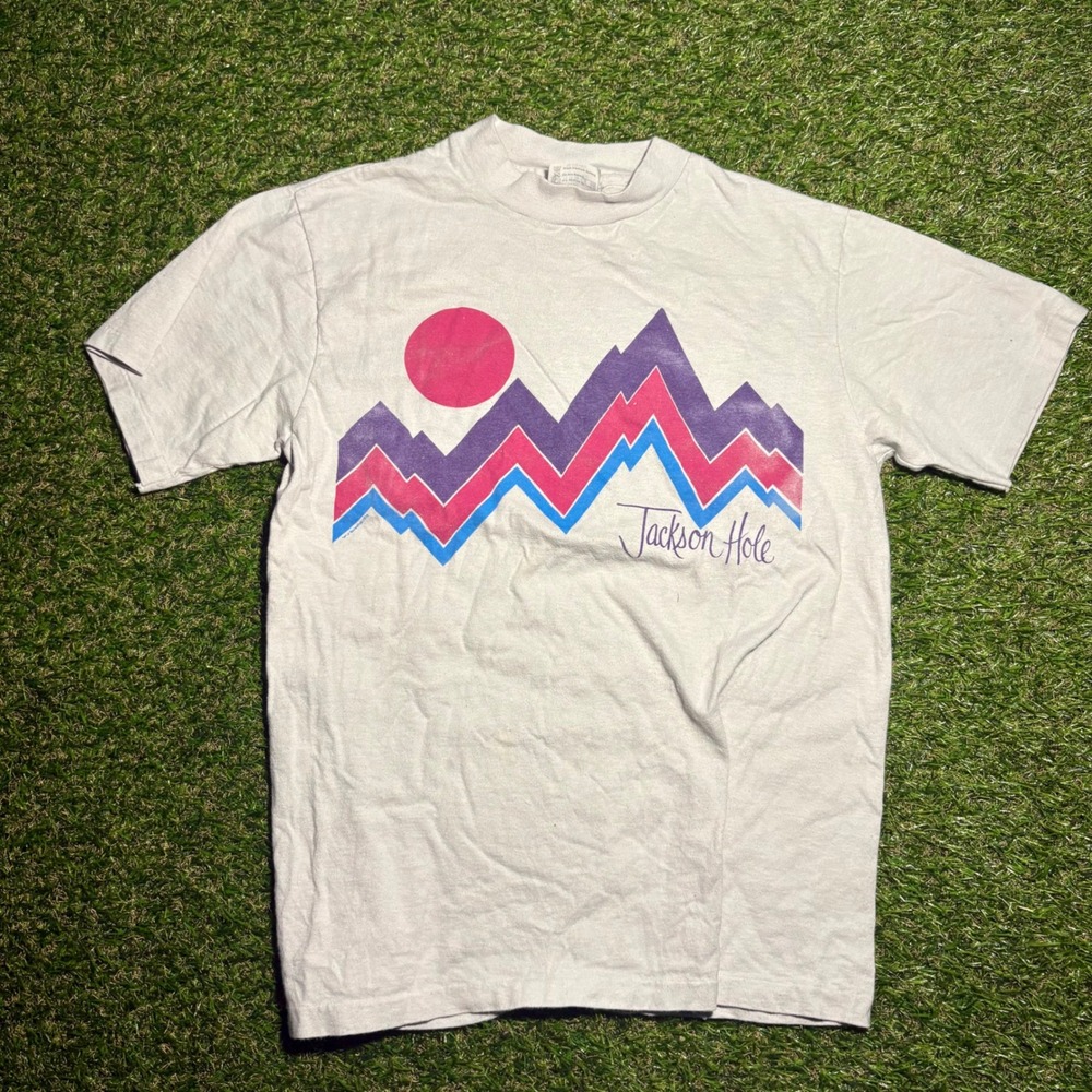 Vintage Hanes Beefy-T Jackson Hole Wyoming Mountain Graphic T-Shirt White Medium